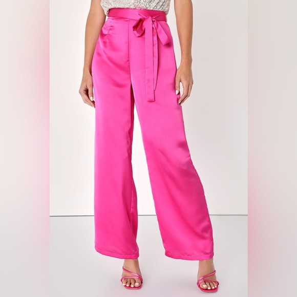 NEW: Lulus Truest Trend Fuchsia Satin Paper Bag Wide-Leg Pants - Picture 10 of 16